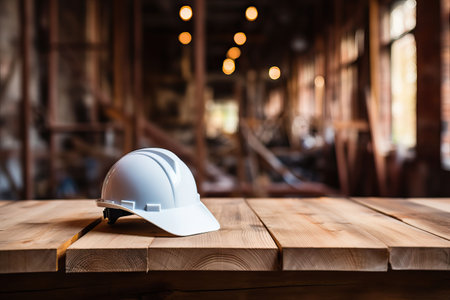 Architectural blueprint and helmet on the table at the construction siteの素材