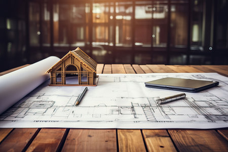 Architectural blueprint and helmet on the table at the construction siteの素材