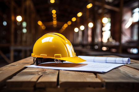 Architectural blueprint and helmet on the table at the construction siteの素材