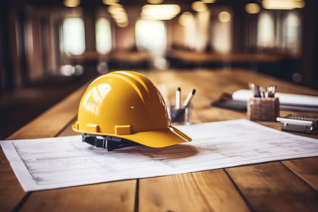 Architectural blueprint and helmet on the table at the construction siteの素材