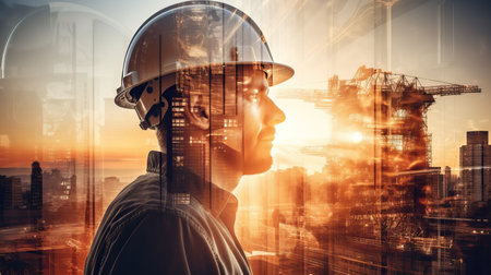 Double exposure of Engineer with safety helmet on construction site background. Engineering and architecture conceptの素材