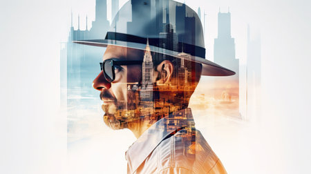 Double exposure of Engineer with safety helmet on construction site background. Engineering and architecture conceptの素材