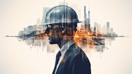 Double exposure of Engineer with safety helmet on construction site background. Engineering and architecture conceptの素材