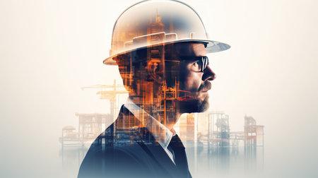 Double exposure of Engineer with safety helmet on construction site background. Engineering and architecture conceptの素材