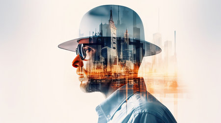 Double exposure of Engineer with safety helmet on construction site background. Engineering and architecture conceptの素材
