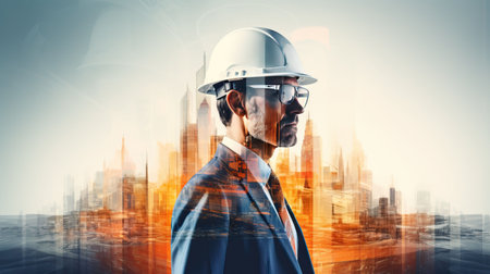 Double exposure of Engineer with safety helmet on construction site background. Engineering and architecture conceptの素材