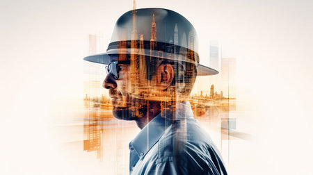 Double exposure of Engineer with safety helmet on construction site background. Engineering and architecture conceptの素材