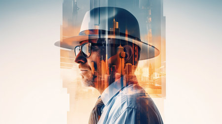 Double exposure of Engineer with safety helmet on construction site background. Engineering and architecture conceptの素材
