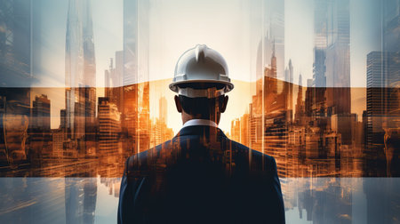 Double exposure of Engineer with safety helmet on construction site background. Engineering and architecture conceptの素材