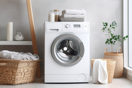 Laundry room interior with washing machine and basket with clean towels and accessoriesの素材