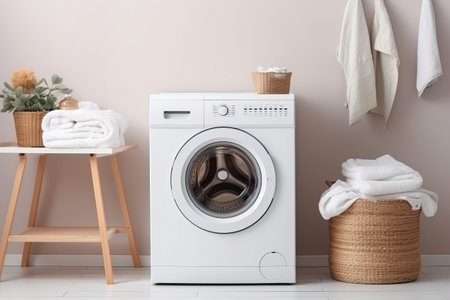 Laundry room interior with washing machine and basket with clean towels and accessoriesの素材