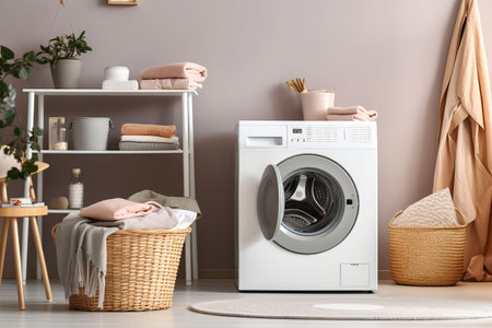 Laundry room interior with washing machine and basket with clean towels and accessoriesの素材