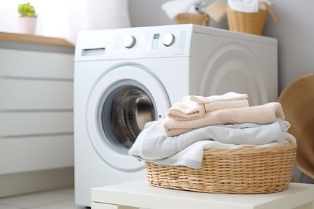 Laundry room interior with washing machine and basket with clean towels and accessoriesの素材
