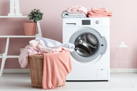 Laundry room interior with washing machine and basket with clean towels and accessoriesの素材