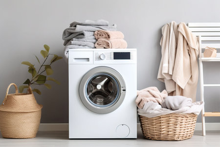 Laundry room interior with washing machine and basket with clean towels and accessoriesの素材