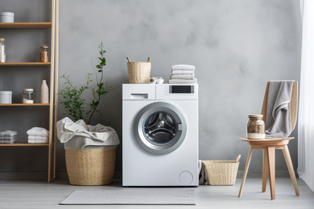 Laundry room interior with washing machine and basket with clean towels and accessoriesの素材