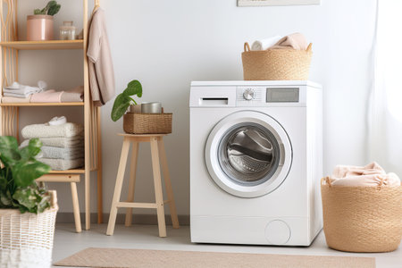 Laundry room interior with washing machine and basket with clean towels and accessoriesの素材