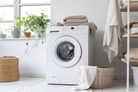 Laundry room interior with washing machine and basket with clean towels and accessoriesの素材