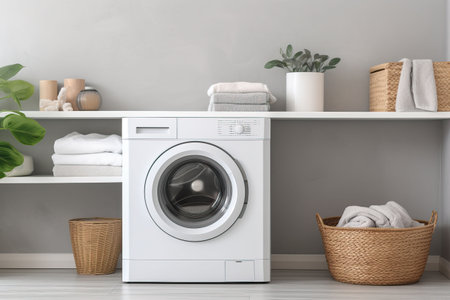 Laundry room interior with washing machine and basket with clean towels and accessoriesの素材