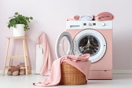 Laundry room interior with washing machine and basket with clean towels and accessoriesの素材
