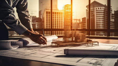 Architect working with blueprints at construction site. Engineering and architecture conceptの素材