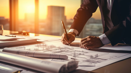 Architect working with blueprints at construction site. Engineering and architecture conceptの素材
