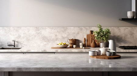 Interior of modern kitchen with white marble walls, concrete floor, white countertops and wooden cupboardsの素材