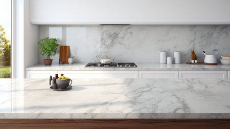 Interior of modern kitchen with white marble walls, concrete floor, white countertops and wooden cupboardsの素材