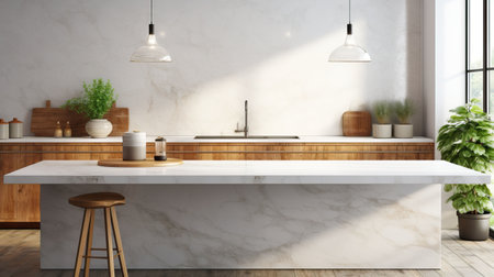 Interior of modern kitchen with white marble walls, concrete floor, white countertops and wooden cupboardsの素材
