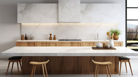 Interior of modern kitchen with white marble walls, concrete floor, white countertops and wooden cupboardsの素材