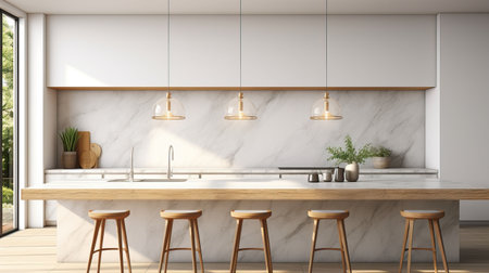 Interior of modern kitchen with white marble walls, concrete floor, white countertops and wooden cupboardsの素材
