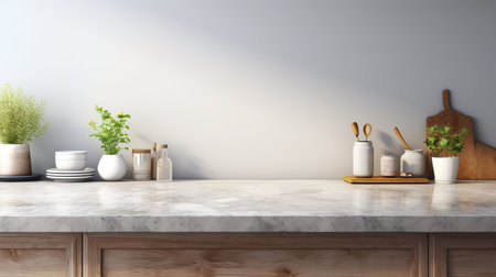 Interior of modern kitchen with white marble walls, concrete floor, white countertops and wooden cupboardsの素材