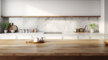 Interior of modern kitchen with white marble walls, concrete floor, white countertops and wooden cupboardsの素材