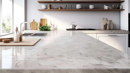 Interior of modern kitchen with white marble walls, concrete floor, white countertops and wooden cupboardsの素材