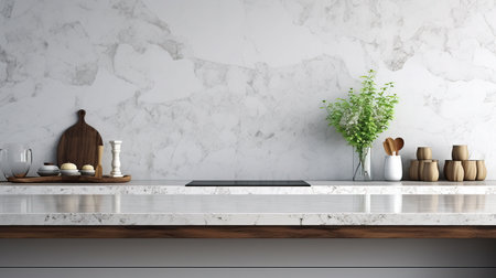 Interior of modern kitchen with white marble walls, concrete floor, white countertops and wooden cupboardsの素材