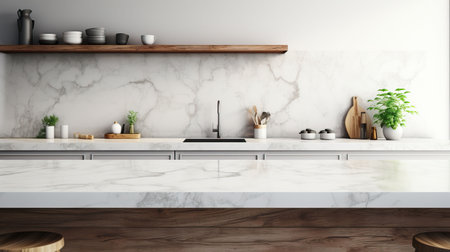 Interior of modern kitchen with white marble walls, concrete floor, white countertops and wooden cupboardsの素材