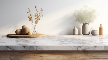 Interior of modern kitchen with white marble walls, concrete floor, white countertops and wooden cupboardsの素材