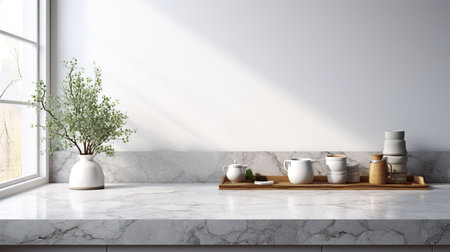Interior of modern kitchen with white marble walls, concrete floor, white countertops and wooden cupboardsの素材