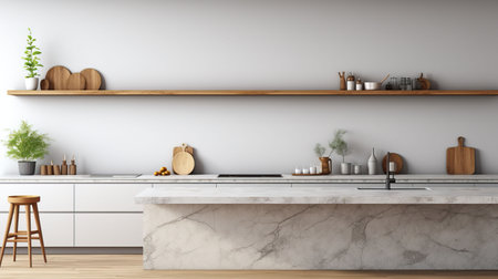 Interior of modern kitchen with white marble walls, concrete floor, white countertops and wooden cupboardsの素材