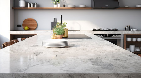 Interior of modern kitchen with white marble walls, concrete floor, white countertops and wooden cupboardsの素材
