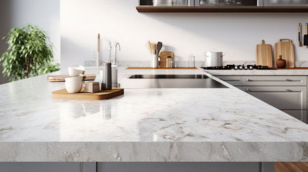Interior of modern kitchen with white marble walls, concrete floor, white countertops and wooden cupboardsの素材
