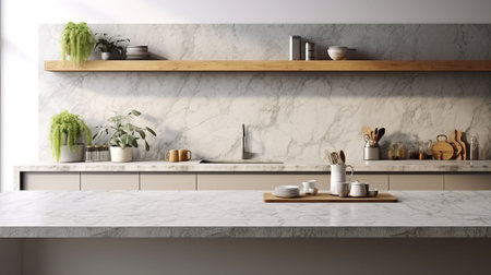 Interior of modern kitchen with white marble walls, concrete floor, white countertops and wooden cupboardsの素材