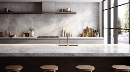 Interior of modern kitchen with white marble walls, concrete floor, white countertops and wooden cupboardsの素材