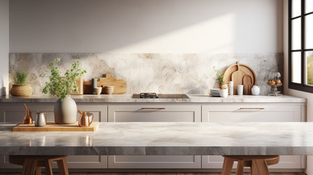Interior of modern kitchen with white marble walls, concrete floor, white countertops and wooden cupboardsの素材