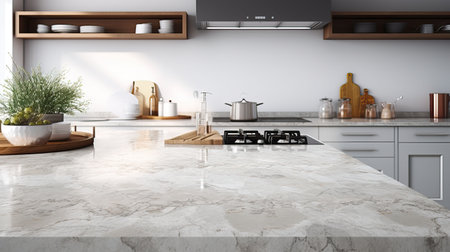 Interior of modern kitchen with white marble walls, concrete floor, white countertops and wooden cupboardsの素材