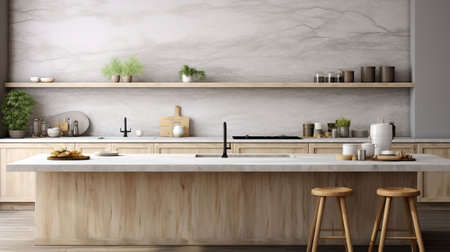 Interior of modern kitchen with white marble walls, concrete floor, white countertops and wooden cupboardsの素材
