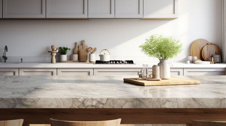 Interior of modern kitchen with white marble walls, concrete floor, white countertops and wooden cupboardsの素材