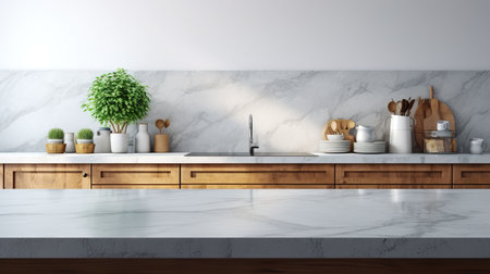 Interior of modern kitchen with white marble walls, concrete floor, white countertops and wooden cupboardsの素材