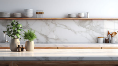 Interior of modern kitchen with white marble walls, concrete floor, white countertops and wooden cupboardsの素材