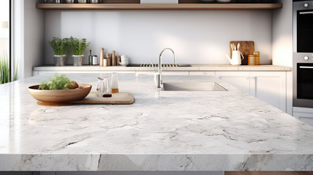 Interior of modern kitchen with white marble walls, concrete floor, white countertops and wooden cupboardsの素材